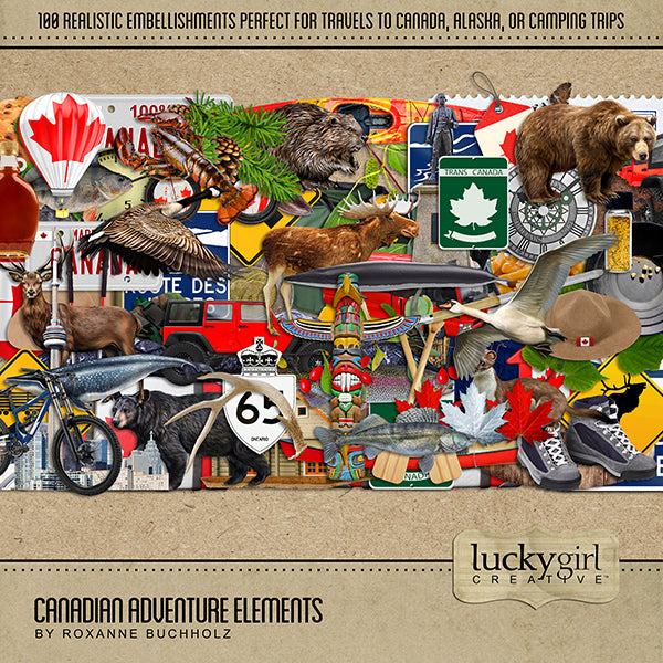 Adventure and explore Canada with this beautiful and realistic travel digital embellishments only kit by Lucky Girl Creative. Great for vacations across Canada and Alaska as well as those that love outdoor adventure!