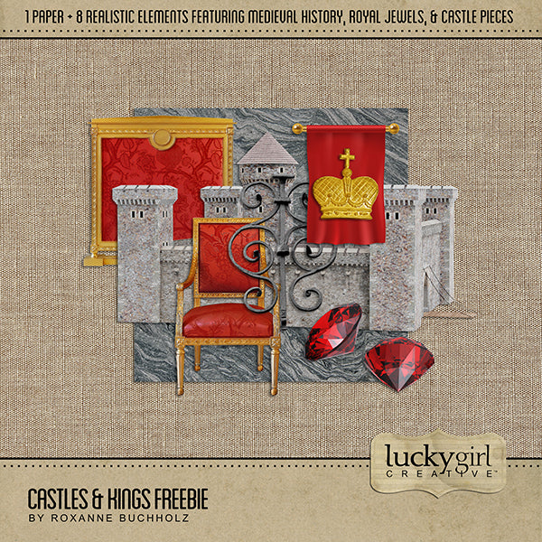This free mini digital art kit, Castles & Kings Freebie Digital Scrapbook Kit, includes an assortment of realistic vintage embellishments and a paper inspired by all things related to castles and kings. Be sure to check-out the entire Castles & Kings series.