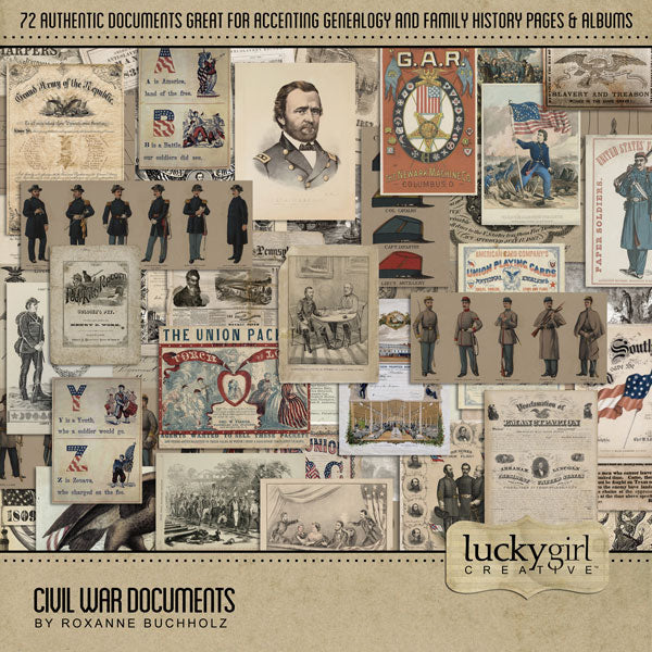 Extensively researched and years in the making, this Civil War Mega series by Lucky Girl Creative has everything you need to accent your family history and genealogy projects. The documents collection is also great for American Civil War History buffs, Civil War reenactments, Grand Army of the Republic (GAR), and vacations to tour Civil War battlefields and battle sites throughout the United States.
