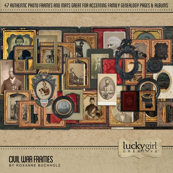 Extensively researched and years in the making, this Civil War Mega series by Lucky Girl Creative has everything you need to accent your family history and genealogy projects. The frames collection is also great for American Civil War History buffs, Civil War reenactments, Grand Army of the Republic (GAR), and vacations to tour Civil War battlefields and battle sites throughout the United States.