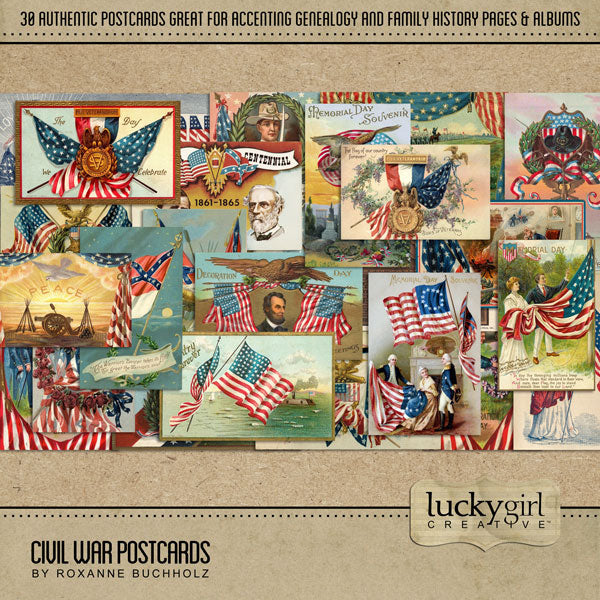 Extensively researched and years in the making, this Civil War Mega series by Lucky Girl Creative has everything you need to accent your family history and genealogy projects. The patriotic postcards collection is also great for American Civil War History buffs, Civil War reenactments, Grand Army of the Republic (GAR), and vacations to tour Civil War battlefields and battle sites throughout the United States.