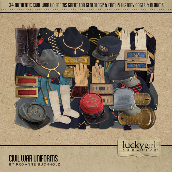 Extensively researched and years in the making, this Civil War Mega series by Lucky Girl Creative has everything you need to accent your family history and genealogy projects. The uniforms collection is also great for American Civil War History buffs, Civil War reenactments, Grand Army of the Republic (GAR), and vacations to tour Civil War battlefields and battle sites throughout the United States.