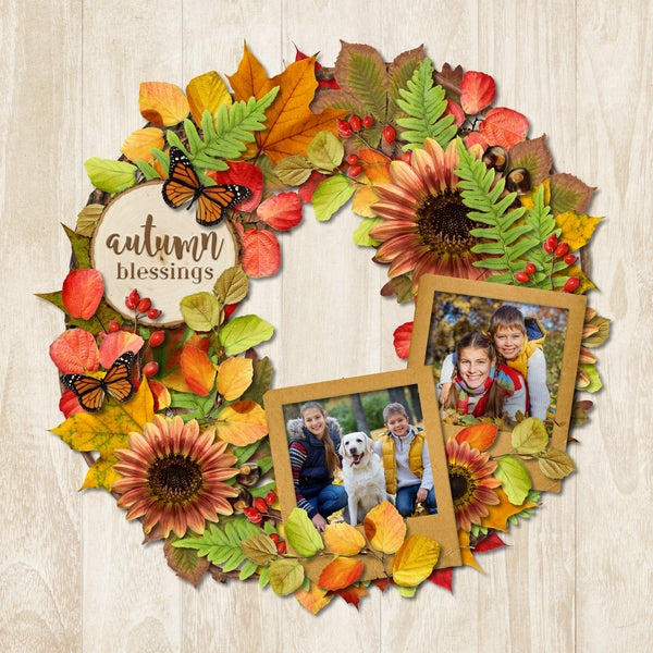 Fall is in the air and these autumn digital art essentials will help you add those special touches to your digital scrapbook pages and albums all season long. Features leaves, woodland birds and butterflies, mushrooms, wood slices, flowers, and more!