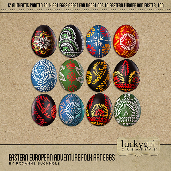 Adventure and explore through Eastern Europe with this beautiful and realistic travel kit by Lucky Girl Creative filled with hand-painted folk art eggs. Great for Easter pages, too!