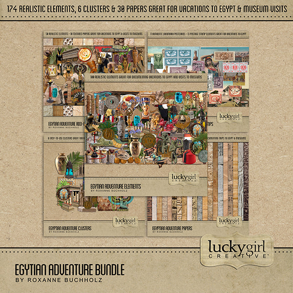 Adventure and explore through Egypt with this beautiful and realistic Egyptian travel digital scrapbooking bundle by Lucky Girl Creative. Bring your vacation pages to Egypt to life!