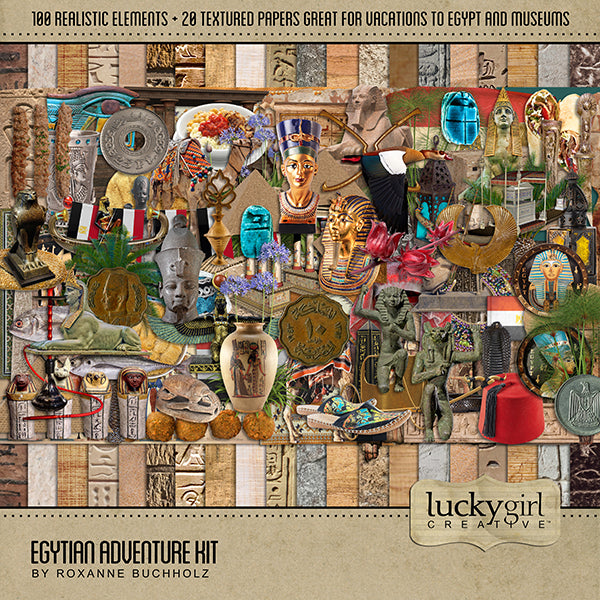 Adventure and explore through Egypt with this beautiful and realistic travel kit by Lucky Girl Creative filled with authentic Egyptian embellishments and papers.