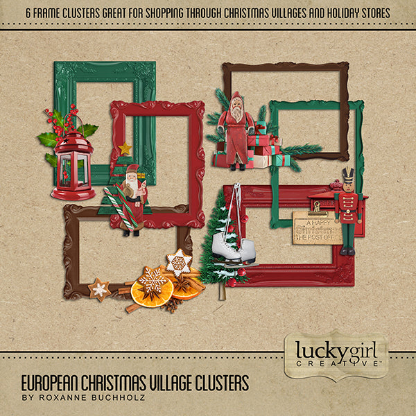 This digital scrapbook kit is perfect for travels to Europe during Christmas, preserving memories and traditions of your family history, remembering Christmas at home, or holiday shopping in quaint Christmas villages and shops, this clusters digital art only kit is full of brightly colored frames adorned with realistic embellishments with country charm.