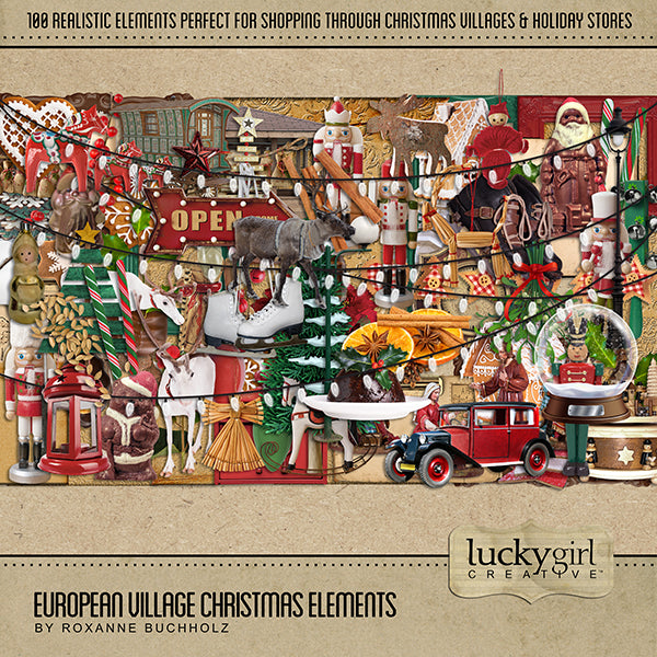 This digital scrapbooking elements only kit is perfect for travels to Europe during Christmas, preserving memories and traditions of your family history, remembering Christmas at home, or holiday shopping in quaint Christmas villages and shops, this digital art embellishments only kit is full of realistic embellishments.