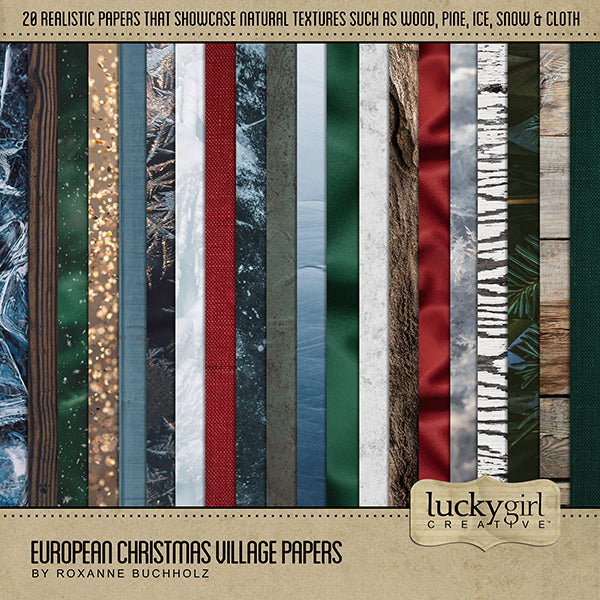 Perfect for travels to Europe during Christmas, preserving memories and traditions of your family history, remembering Christmas at home, or holiday shopping in quaint Christmas villages and shops, this digital art papers only kit is a nice mix of natural elements including wood, satin, ice, snow, glitter, linen, and evergreen.
