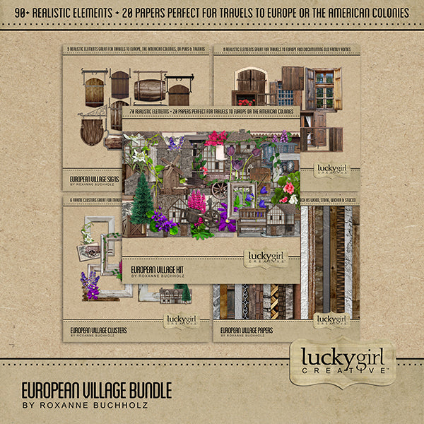 Perfect for travels to Europe, preserving memories of your European family history, or documenting the American colonies, this digital art bundle is full of realistic embellishments of country village houses, taverns, vintage churches, mills, a windmill, pub and tavern signs, windows and shutters, frame clusters, and more.