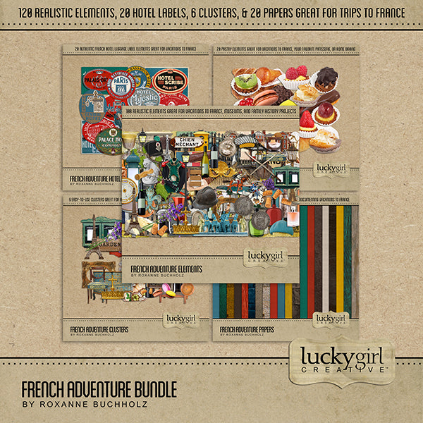 Adventure and explore through France with this beautiful and realistic travel digital art bundle filled with authentic French digital art embellishments, designer digital papers, clusters, pastry embellishments, and hotel luggage labels.