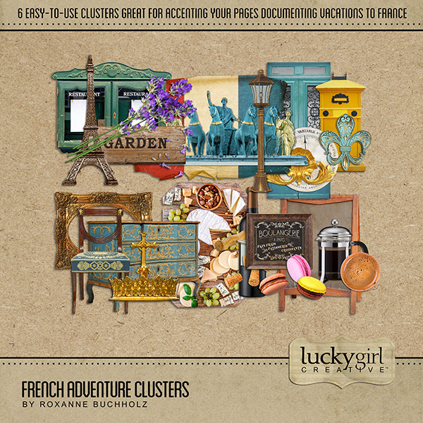 Adventure and explore through France with these beautiful and realistic pre-designed embellishment clusters. Great for travel and vacations to France as well as your favorite museums, coffee shops, and wine tastings.