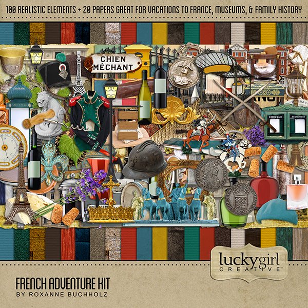 Adventure and explore through France with this beautiful and realistic travel kit filled with authentic French digital art embellishments and designer papers. Whether you have taken a holiday to France, love French cuisine, wine, or coffee shops, exploring museums, or are documenting family genealogy, this collection will authentically accent your photos.
