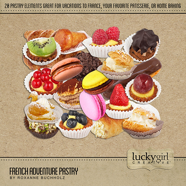 Adventure and explore through France with this beautiful and realistic travel kit filled with sweet pastry treats. Whether you have taken a holiday to France, love French tarts, cream puffs, macaroon cookies, or croissants from your local patisserie or boulangerie, this collection will authentically accent your photos.