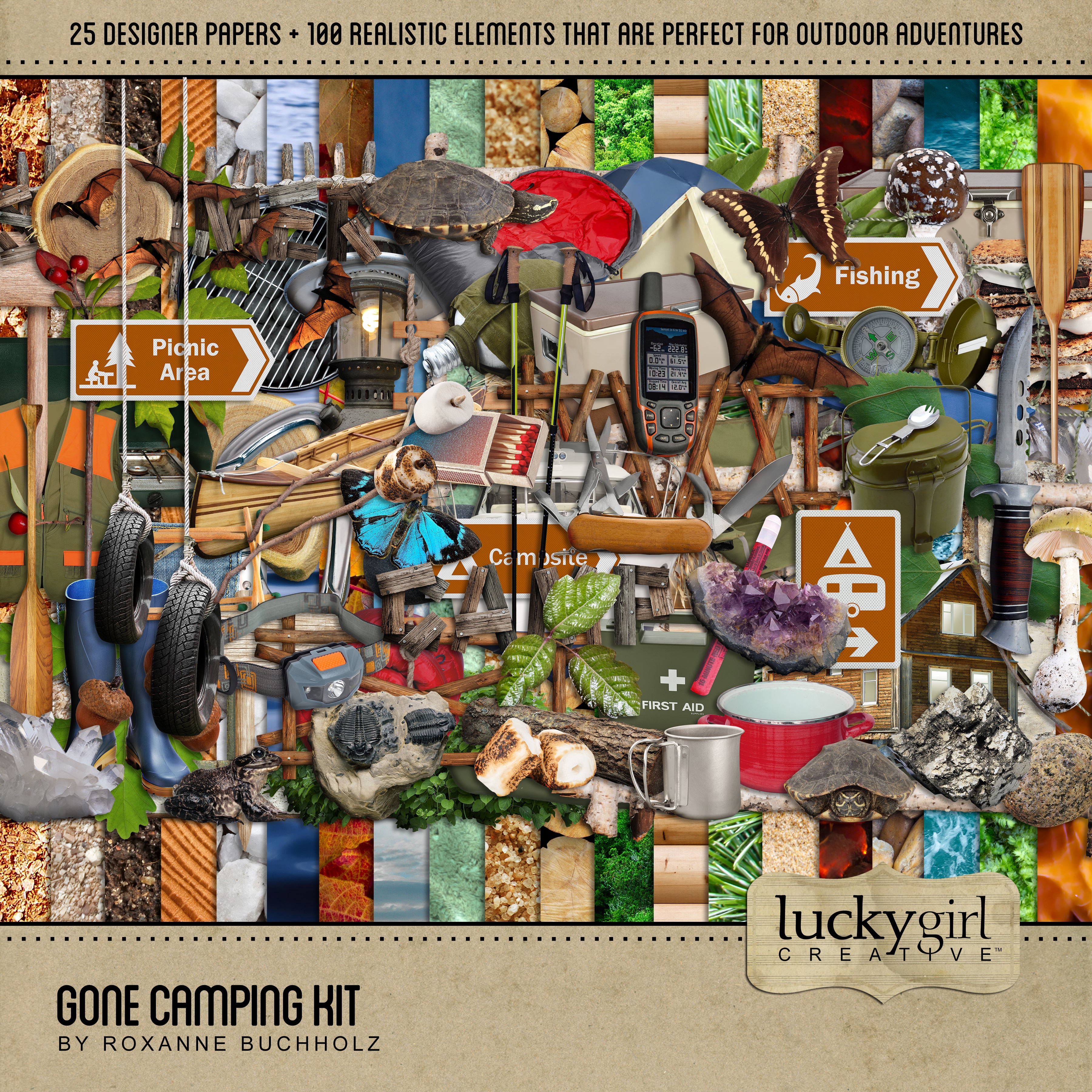 Designed with the avid camper in mind, these realistic digital art embellishments and papers by Lucky Girl Creative are perfect for accenting scrapbook pages and albums full of outdoor camping and nature fun.
