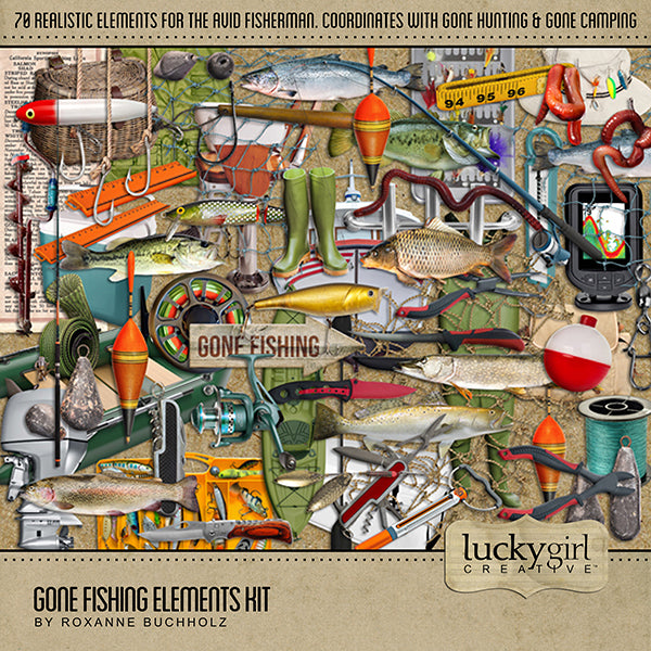Designed with the avid sportsman or fisherman in mind, this digital art embellishment collection by Lucky Girl Creative includes a variety of fishing elements.