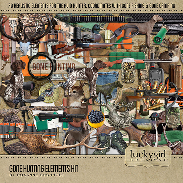Designed with the avid sportsman or hunter in mind, this digital art embellishment collection by Lucky Girl Creative includes a variety of hunting elements.