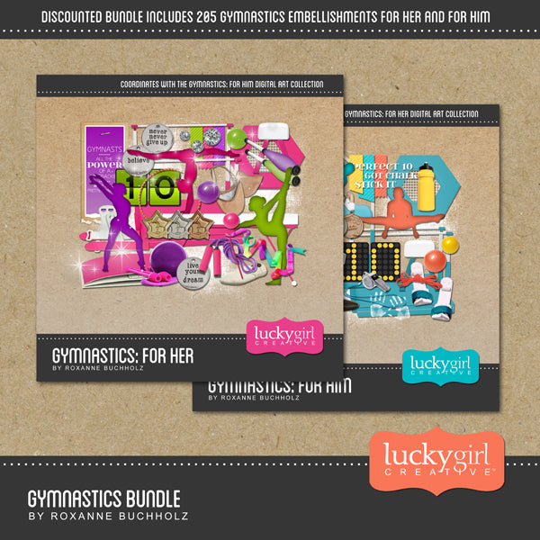 This colorful and fun digital art collection, Gymnastics Digital Scrapbook Bundle, covers all aspects of the sport of gymnastics in a photo-realist style that would appeal to the pre-teen and teen gymnasts and athletes whether a boy or girl. The bundle included both the Gymnastics For Her Digital Scrapbook Kit and the Gymnastics For Him Digital Scrapbook Kit also sold separately.
