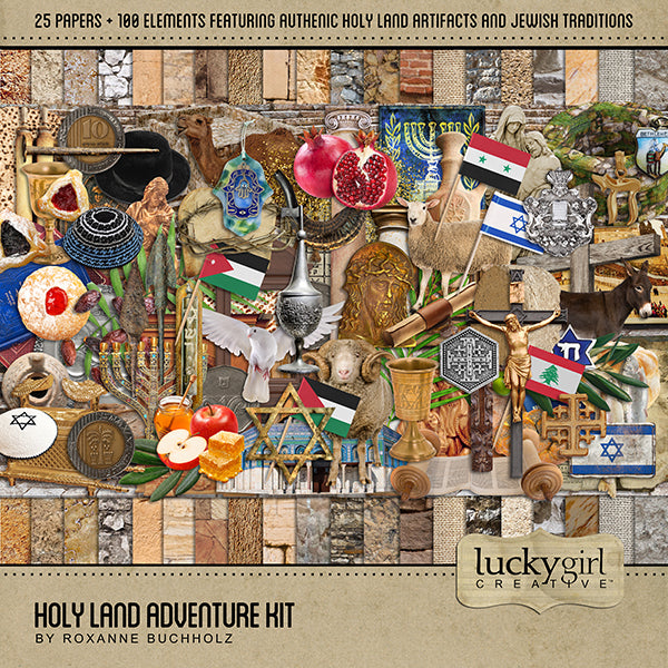 Adventure and explore the Holy Land with this beautiful and realistic travel digital art by Lucky Girl Creative kit filled with ethnic embellishments and ancient papers. This collection will authentically accent your photos from Israel, Palestine, Jordan, Lebanon, and Syria in the Middle East.