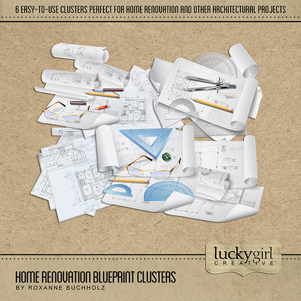 Get ready for some home improvement and remodeling with this Home Renovation digital scrapbook kit featuring Blueprint Clusters as digital art. Perfect for documenting building a new home, renovations around your house, architects, interior designers, builders, draftsmen, construction, and more.
