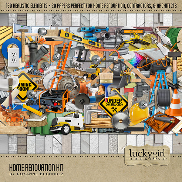 Get ready for some home improvement and remodeling with this Home Renovation kit featuring realistic digital art embellishments and versatile papers. Perfect for documenting building a new home, renovations around your house, house painting, interior decorating, handyman work, architects, interior designers, plumbers, electricians, draftsmen, construction, builder, and more.