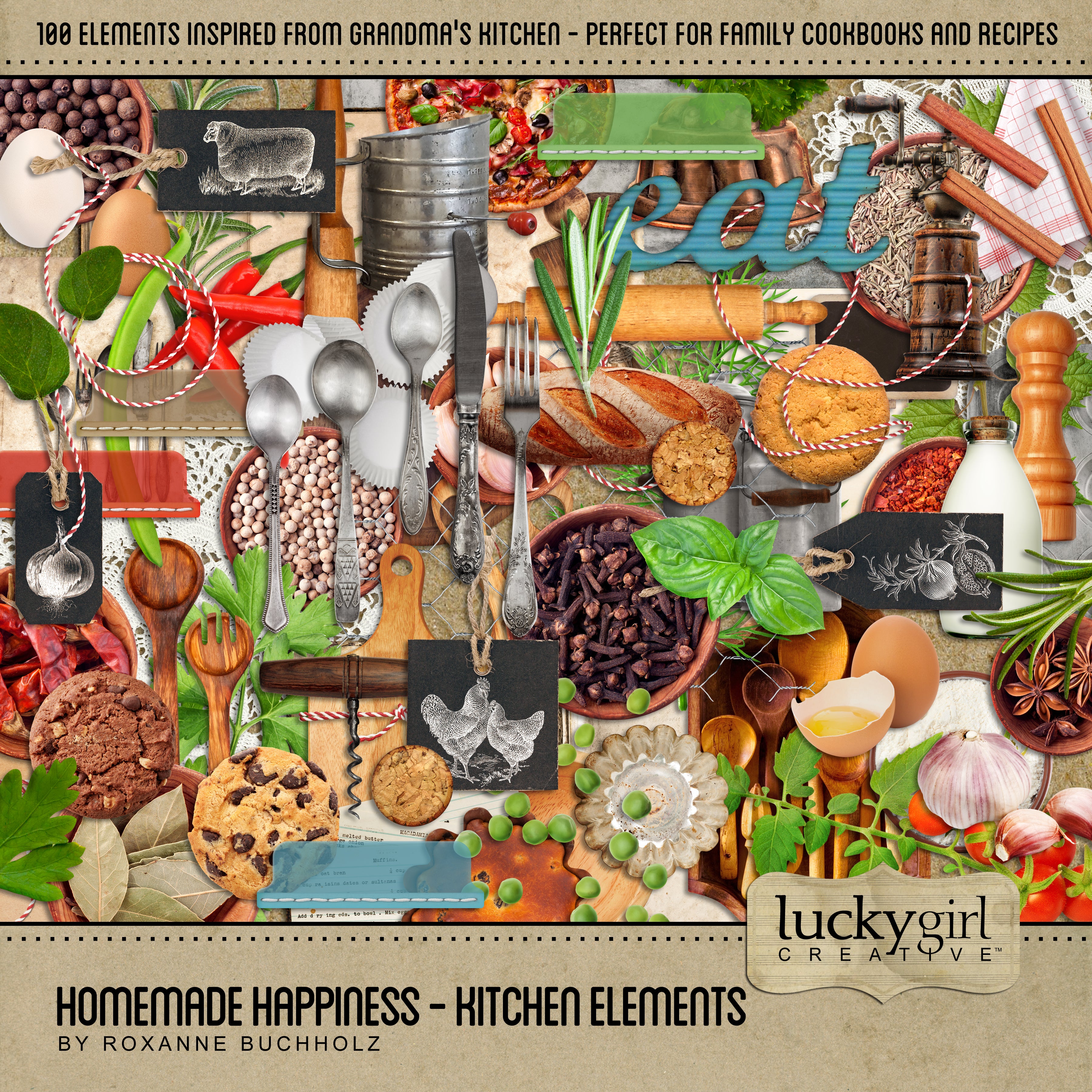Homemade happiness is often made in Grandma's kitchen during the holidays. This digital art kit is perfect for creating family cookbooks and preserving recipes handed down from generation to generation of cooks.