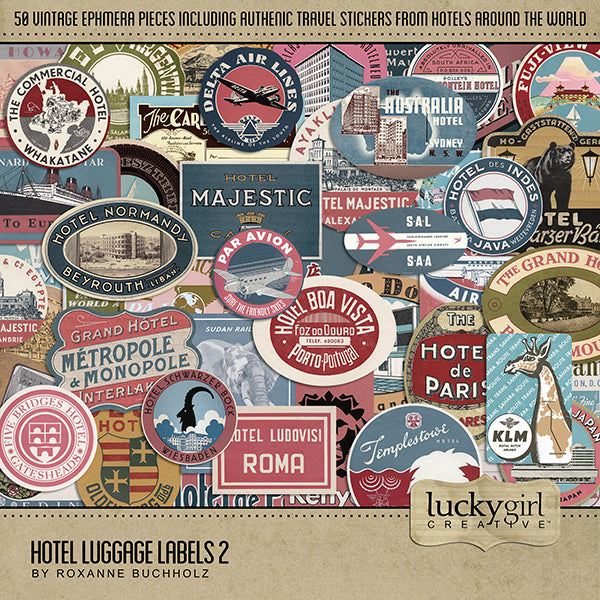 This digital art collection of vintage hotel luggage labels from around the world is the perfect addition to any travel pages.