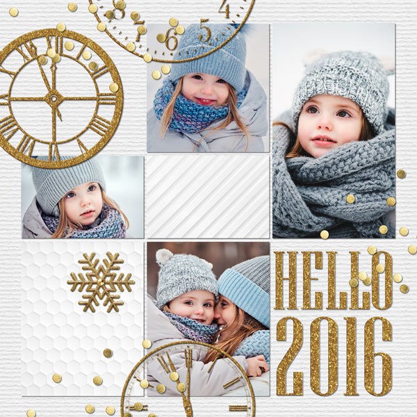 This gold and glitter themed digital scrapbooking collection is right on trend and perfect for the holiday season and especially great for New Year’s Eve parties and celebrations. All That Glitters New Year Digital Scrapbook Kit features a photo-realist style that would appeal to anyone and will make the perfect holiday cards, New Year’s Eve party invitations, and scrapbooking pages.