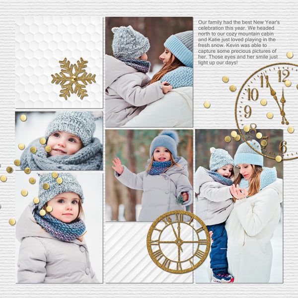 This gold and glitter themed digital scrapbooking collection is right on trend and perfect for the holiday season and especially great for New Year’s Eve parties and celebrations. All That Glitters New Year Digital Scrapbook Kit features a photo-realist style that would appeal to anyone and will make the perfect holiday cards, New Year’s Eve party invitations, and scrapbooking pages.