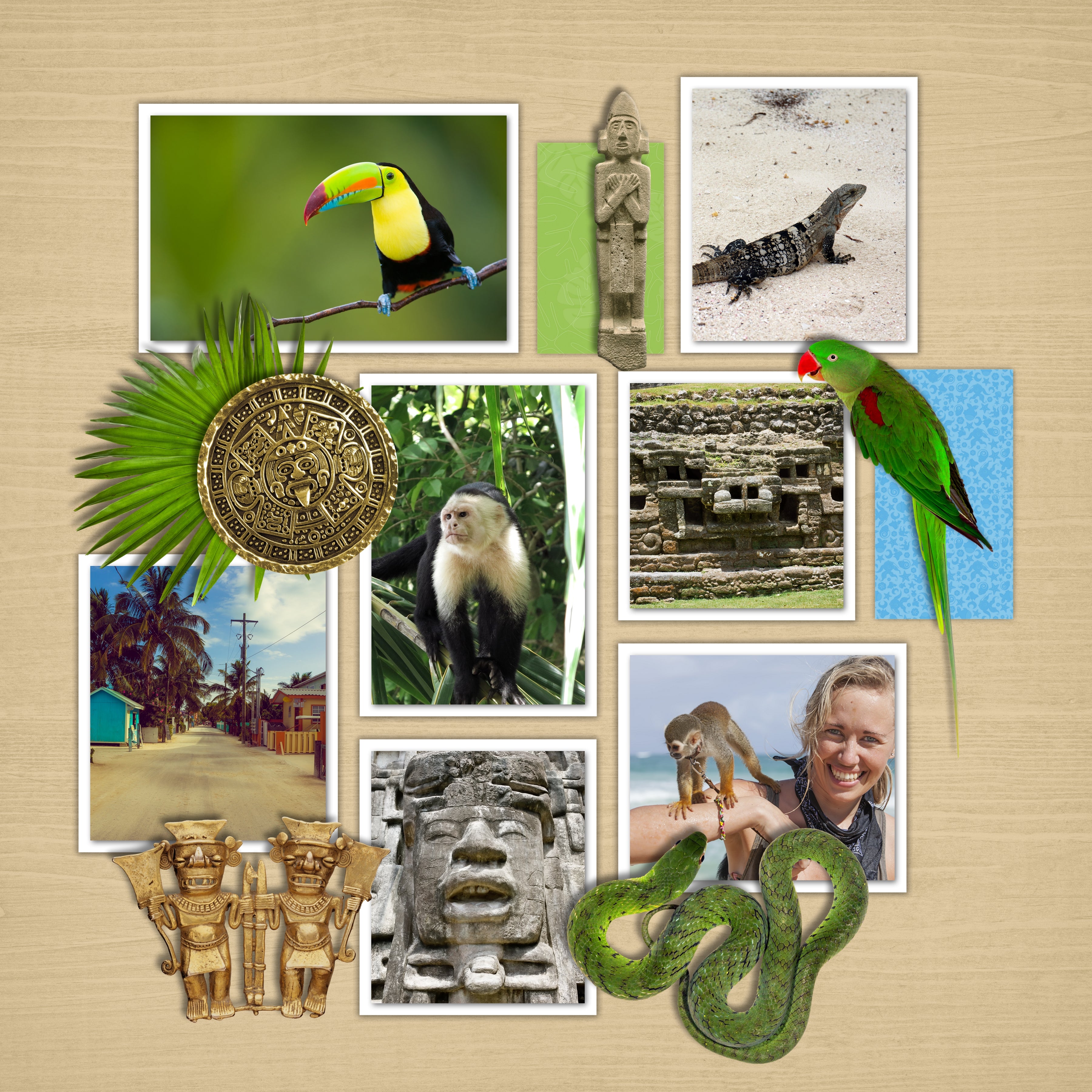 The Latin American Adventure Digital Scrapbook Kit is a diverse collection of digital art of Latin American embellishments, artifacts, and beautiful flora and fauna. If you have been meaning to document your memories from a trip to Central or South America or any of the Spanish/Portuguese speaking islands of the Caribbean, or are possibly planning a trip there soon, this collection is just what you need!