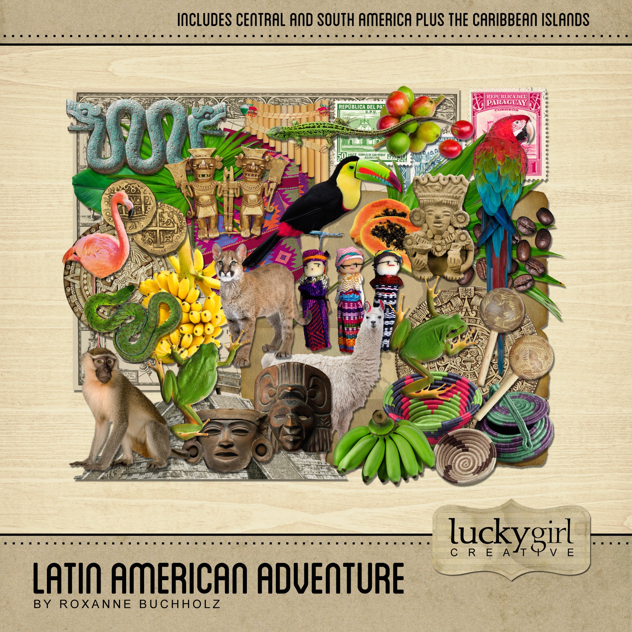 The Latin American Adventure Digital Scrapbook Kit is a diverse collection of digital art of Latin American embellishments, artifacts, and beautiful flora and fauna. If you have been meaning to document your memories from a trip to Central or South America or any of the Spanish/Portuguese speaking islands of the Caribbean, or are possibly planning a trip there soon, this collection is just what you need!
