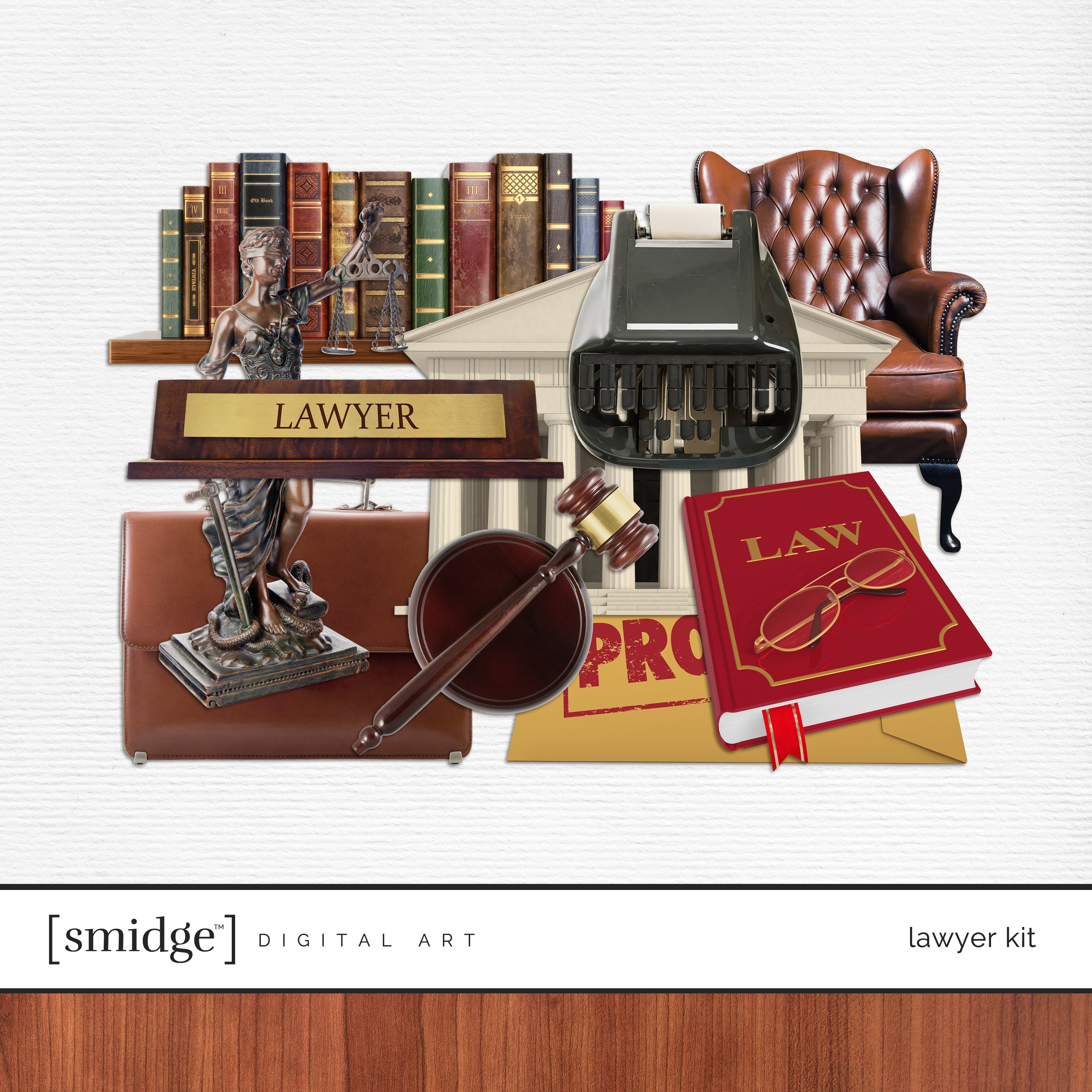 Order in the court! Pick up this realistic Lawyer Digital Scrapbooking Kit filled with a perfect smidge of digital art elements. Digital embellishments include briefcase, courtroom, lady justice statue, gavel, envelope of proof, law books, law books on shelf, lawyer desk sign, leather chair, and stenographer machine.