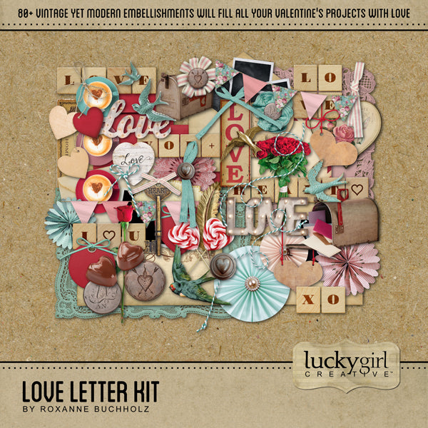 Filled with vintage yet modern digital art embellishments, this Love Letter Digital Scrapbook Kit, will help you document your love story or accent your Valentine's Day projects.