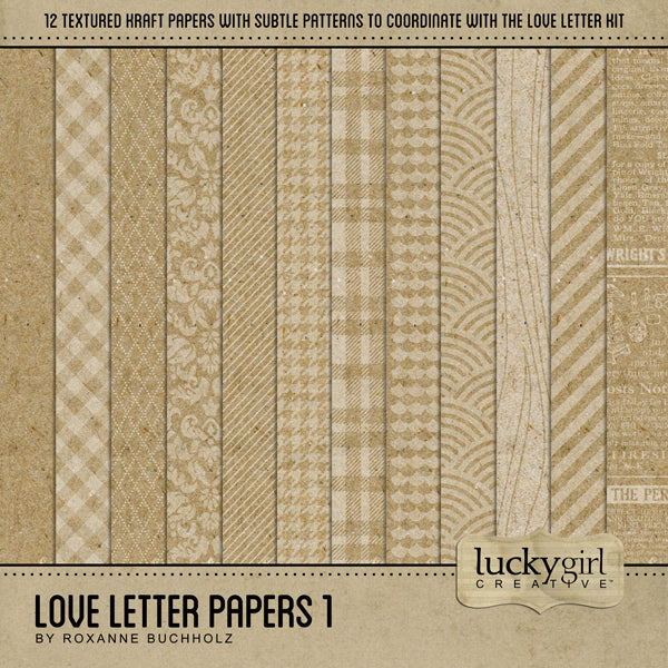 Filled with vintage yet modern kraft digital art papers, this Love Letter Papers 1 Digital Scrapbook Kit will help you document your love story or Valentine's Day plus everyday projects, too. Each paper in this collection features a transparent white texture or print on top of a brown kraft paper. Textures include: newsprint, damask, diamonds, plaid, diagonal stripes, scallops, wood grain, and more.