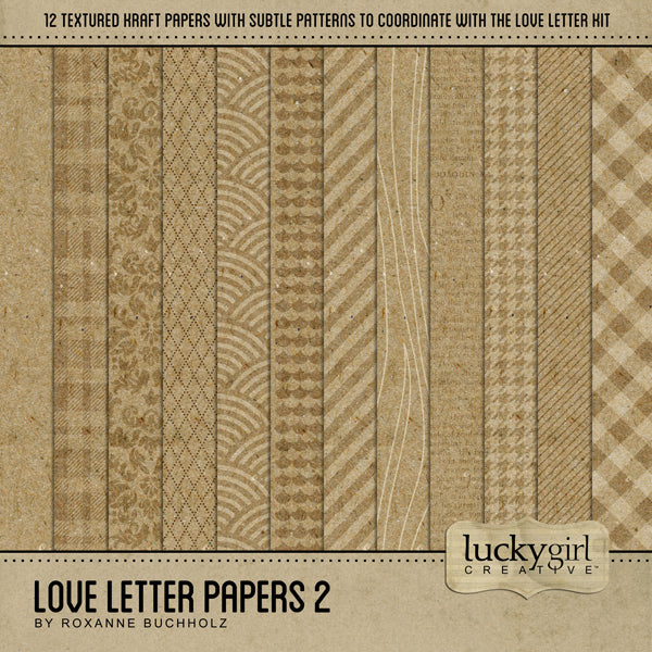 Filled with vintage yet modern kraft digital art papers, this Love Letter Papers 2 Digital Scrapbook Kit will help you document your love story or Valentine's Day plus everyday projects, too. Each paper in this collection features a transparent brown texture or print on top of a brown kraft paper.