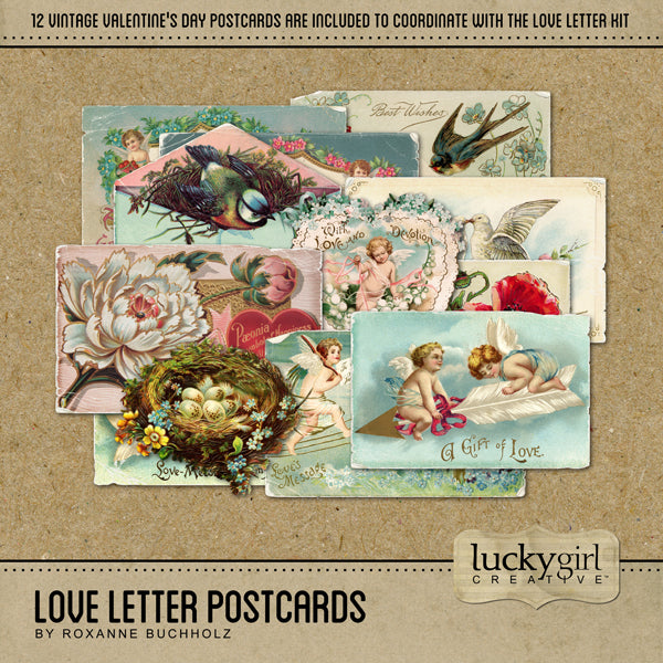 Filled with vintage digital art postcards, this Love Letter Postcards Digital Scrapbook Kit will help you document your love story or accent your Valentine's Day projects. In hues of pink, red, teal blue, and beige, this collection is filled with 12 antique postcards with distressed edges and corners.