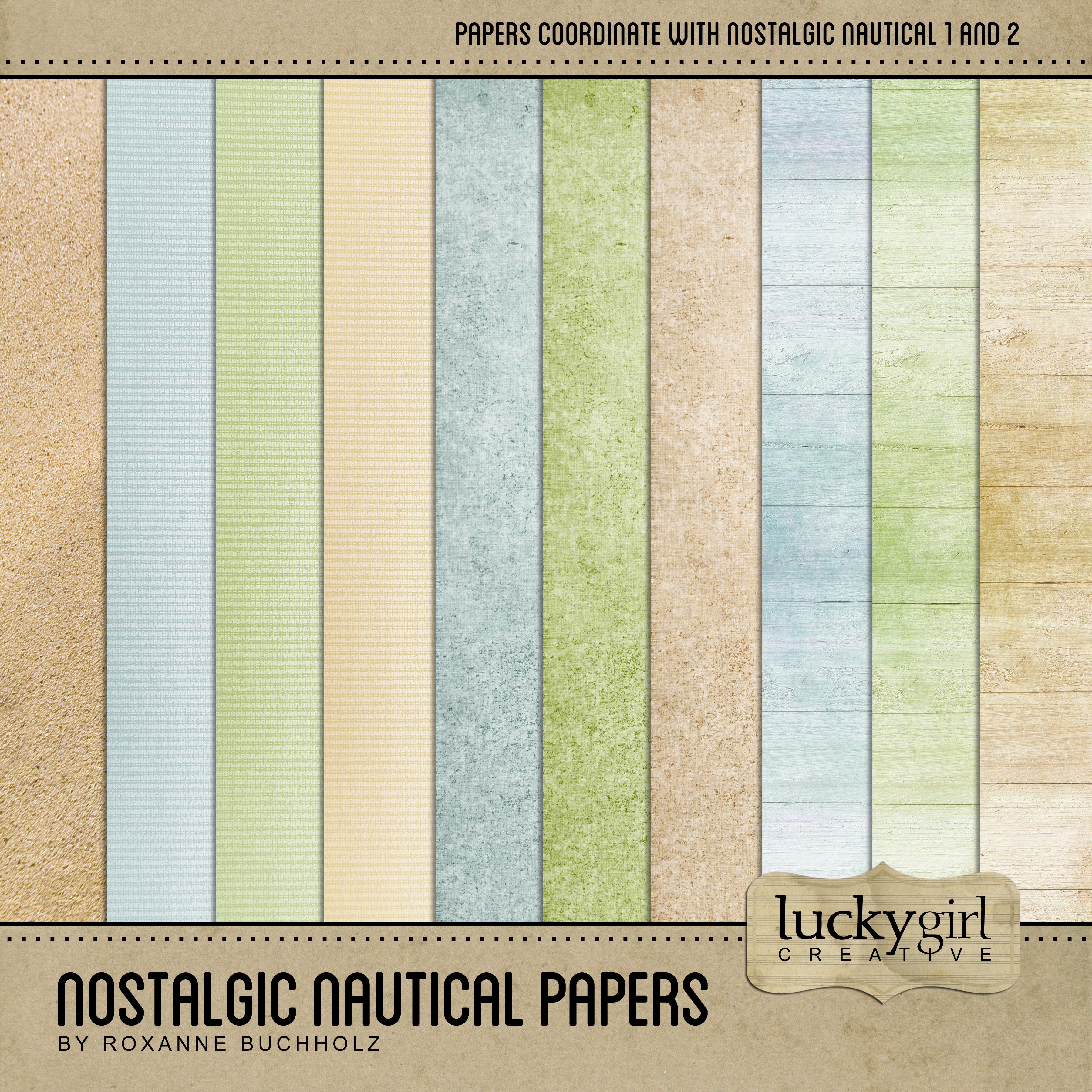 Featuring vintage inspired digital art papers with wood, linen, and sand textures, this Nostalgic Nautical Papers Digital Scrapbook Kit will help you document your beach vacation. Neutral colors with touches of soft green and blue will make any seaside adventure extra dreamy.