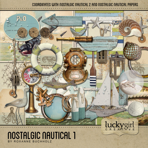 Featuring vintage digital art nautical embellishments, this ocean loving kit, Nostalgic Nautical 1 Digital Scrapbook Kit, will keep you reminiscing about your beach vacation memories! Neutral colors with touches of soft green and blue will make any seaside adventure extra dreamy. Filled with shells, netting, cork floats, buoys, pulleys, antique diving helmet, life preserver, whale, wood signs, portholes, rope, tags, ocean wildlife, and more.