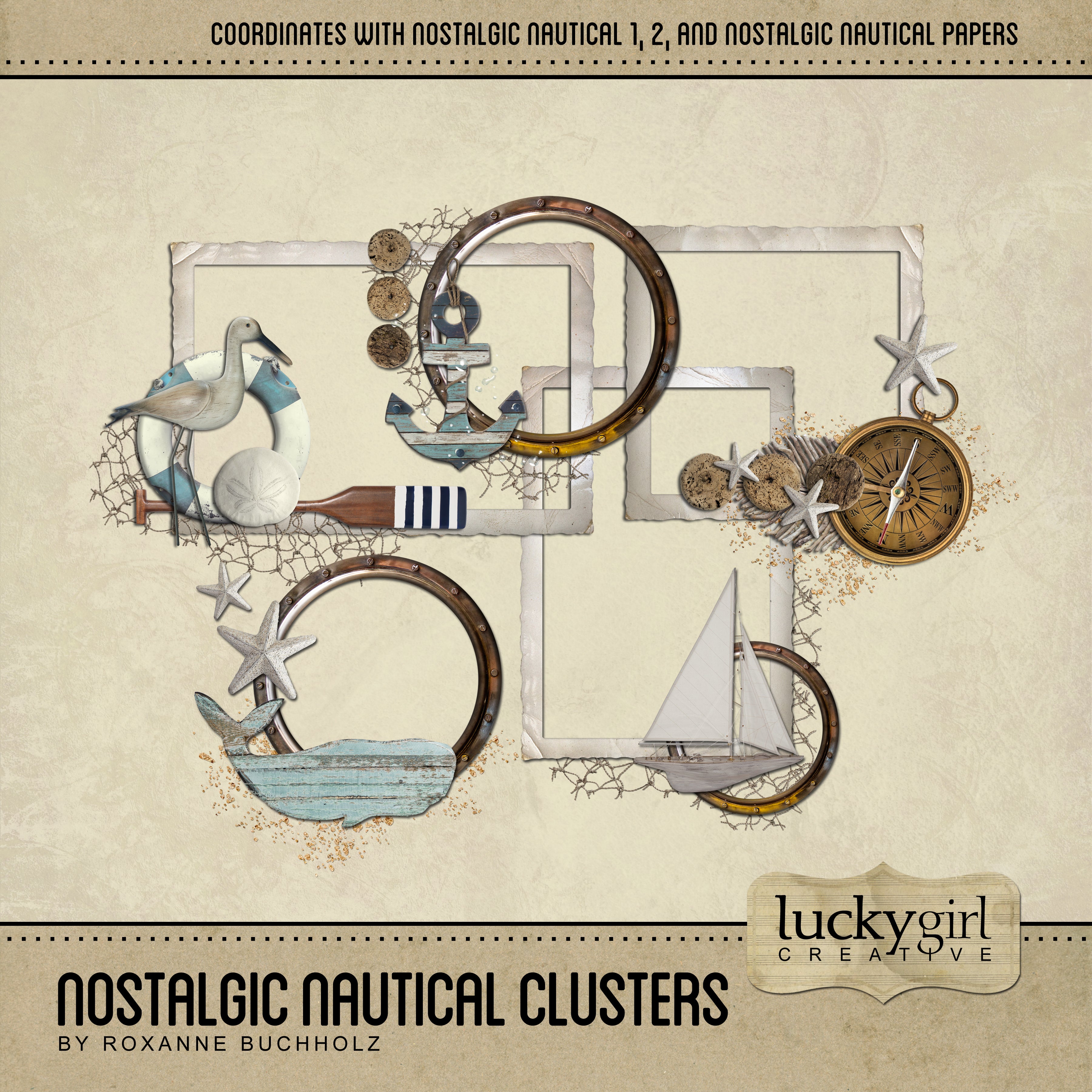 Featuring 5 vintage nautical digital art frame clusters, this ocean loving kit, Nostalgic Nautical Clusters Digital Scrapbook Kit, will keep your scrapbooking fast and easy. Neutral colors with touches of soft green and blue will make any seaside adventure extra dreamy. The pre-designed frames are sprinkled with nautical elements including a wooden whale and anchor, a sandpiper, boat, oar, cork floats, netting, and more.