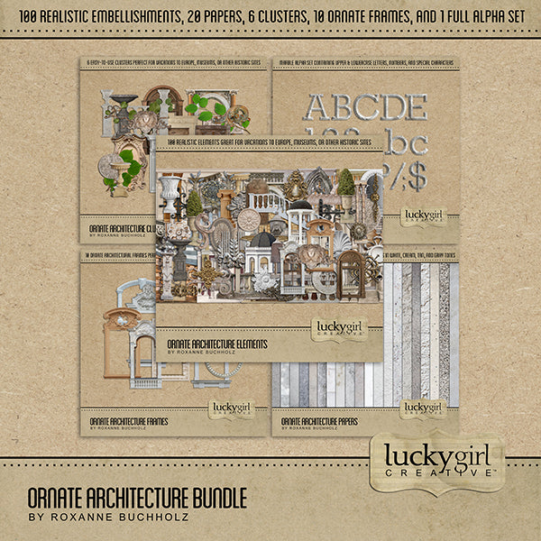 The Ornate Architecture Digital Scrapbook Bundle features authentic digital art antique architectural stone artifacts, metal pieces, plus versatile granite and marble papers. Great for layering pieces on visits to the museum or vacations to historic sites. Features marble statues, architecture details such as arches, doors, windows, columns, stairs, balusters and railings, baptism font, stone fireplaces, topiaries, decorative architectural details, and more.