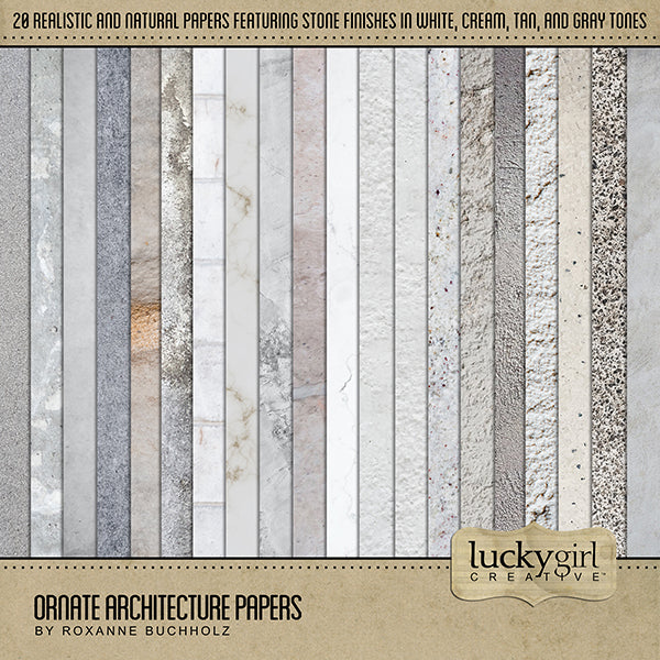 The Ornate Architecture Papers digital scrapbook kit features authentic digital art antique architectural stone artifacts, granite, marble, plaster, and stucco papers. Great for layering pieces on visits to the museum or vacations to historic sites or using as elegant page backgrounds.