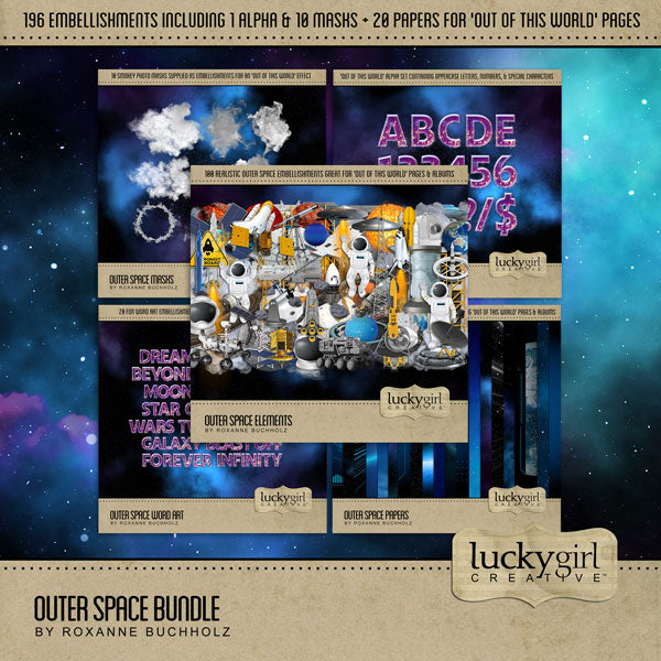 This ‘Out of this World’ digital art bundle by Lucky Girl Creative features astronaut flats, realistic outer space embellishments, smoke-filled masks, galaxy word art and a coordinating alpha set, plus starry night papers that would be excellent for Star Wars inspired pages. Great for pages including Toy Story, Star Wars, Star Trek, Guardians of the Galaxy, Lightyear, NASA, SpaceX, space exploration, and space launch or space observatory trips.