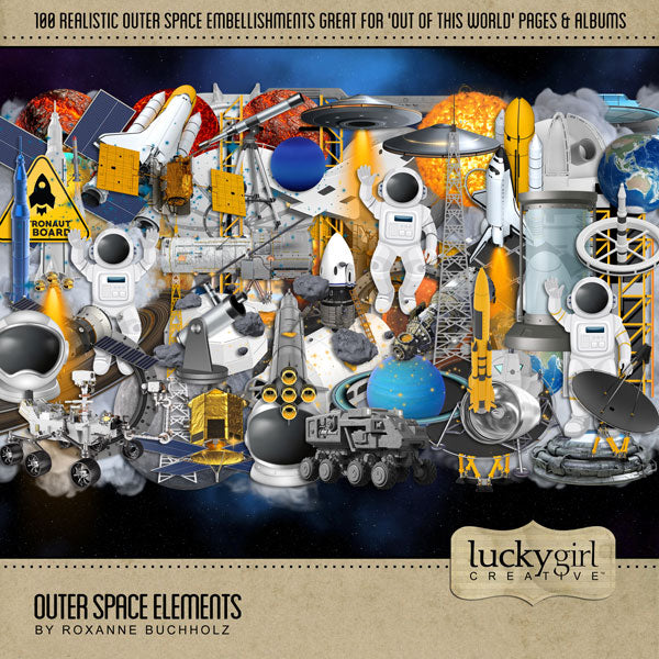 This ‘Out of this World’ digital art embellishments-only kit by Lucky Girl Creative features astronaut flats and realistic outer space embellishments that would be excellent for space-inspired pages. Great for pages including Toy Story, Star Wars, Star Trek, Guardians of the Galaxy, Lightyear, NASA, SpaceX, space exploration, and space launch or space observatory trips.