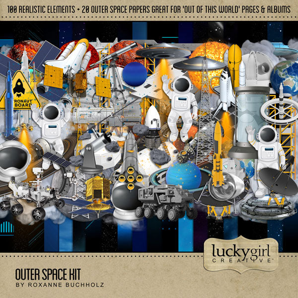 This ‘Out of this World’ digital art kit by Lucky Girl Creative features astronaut flats and realistic outer space embellishments and papers that would be excellent for space-inspired pages. Great for pages including Toy Story, Star Wars, Star Trek, Guardians of the Galaxy, Lightyear, NASA, SpaceX, space exploration, and space launch or space observatory trips.