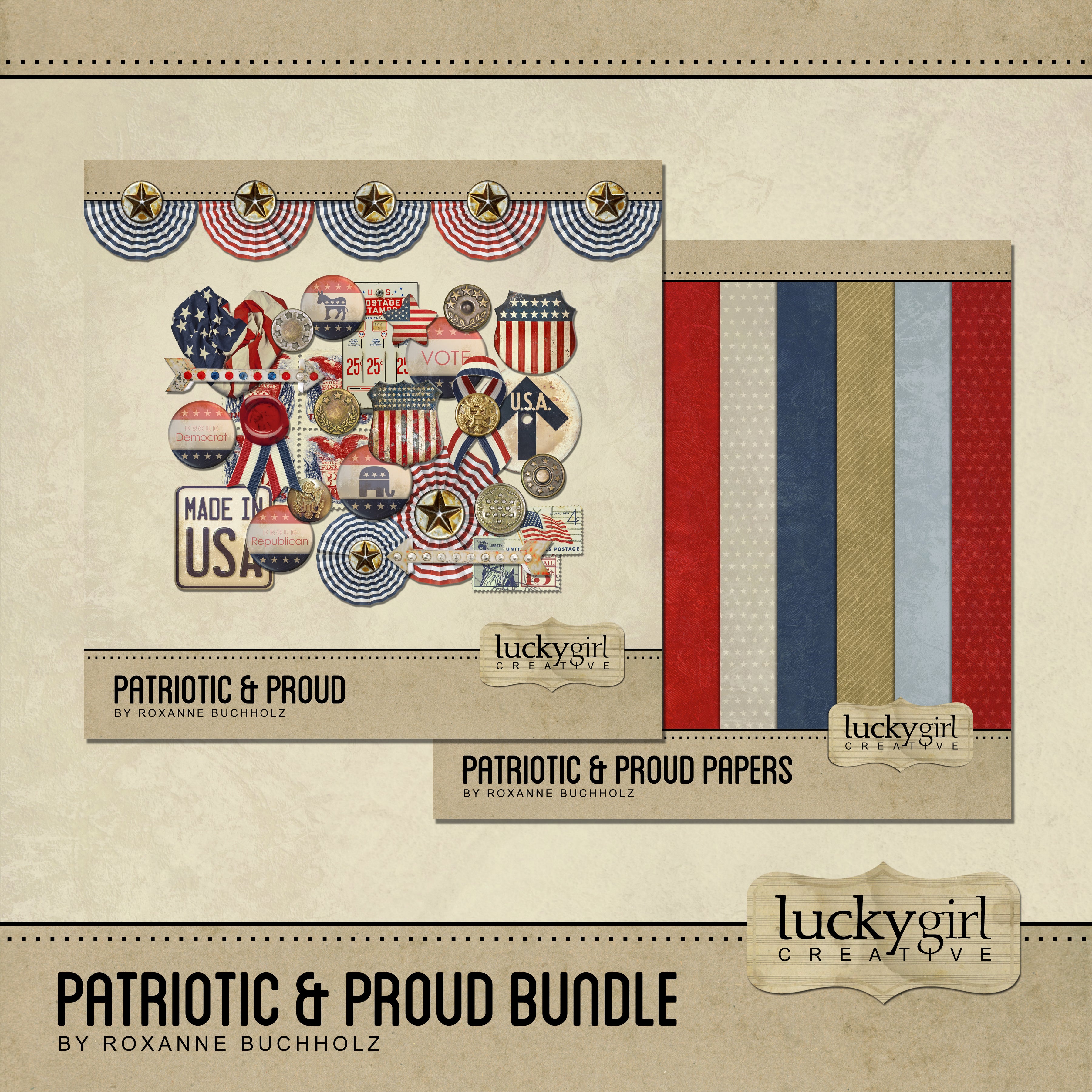 Patriotic and Proud is what you'll feel when you use this digital art bundle to accent your Fourth of July and Independence Day activities or your right to vote in the election! Filled with vintage-inspired embellishments including United States postage stamps and stamp machine, lighted signage arrows, patriotic ribbons, star buttons, antique metal signs, voter buttons for the Democrat or Republican, and red, white, and blue buntings for the holiday to celebrate America.