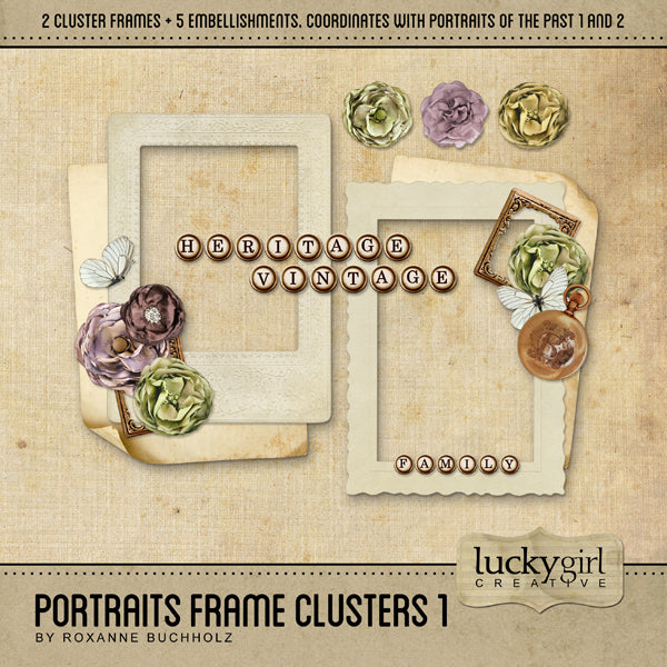 This small but valuable vintage Portraits Frame Clusters 1 Digital Scrapbook Kit is perfect to get you started on your life stories, family genealogy, genealogy, and any project with a historical style or subject matter. While the elements have a decidedly antique look from the 1920's - 1940's, the digital art elements will be at home on any project featuring family.