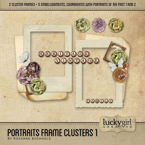 This small but valuable vintage Portraits Frame Clusters 1 Digital Scrapbook Kit is perfect to get you started on your life stories, family genealogy, genealogy, and any project with a historical style or subject matter. While the elements have a decidedly antique look from the 1920's - 1940's, the digital art elements will be at home on any project featuring family.
