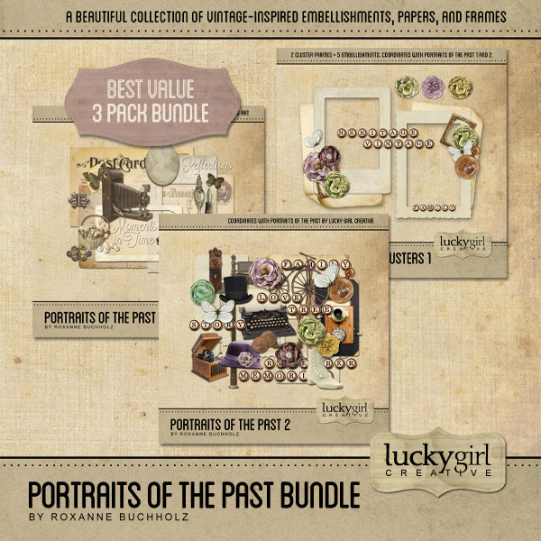 The vintage Portraits of the Past Digital Scrapbook Bundle is perfect for life stories, family history, genealogy, and any project with a historical style or subject matter. While the elements have a decidedly antique look from the 1920s - 1940s, the word art will be at home on any project featuring family.