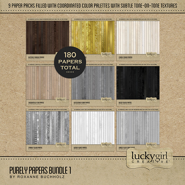 Purely Papers Digital Scrapbook Bundle 1 offers 180 unique digital designer papers in a neutral palette with subtle textures. The 9 kits (20 papers each) included in the bundle are Blissfully Brown, Boldly Black, Cuddly Cream, Gentlemanly Gray, Greatly Gold, Largely Light Gray, Sparkly Silver, Thoughtfully Tan, and Weekly White.