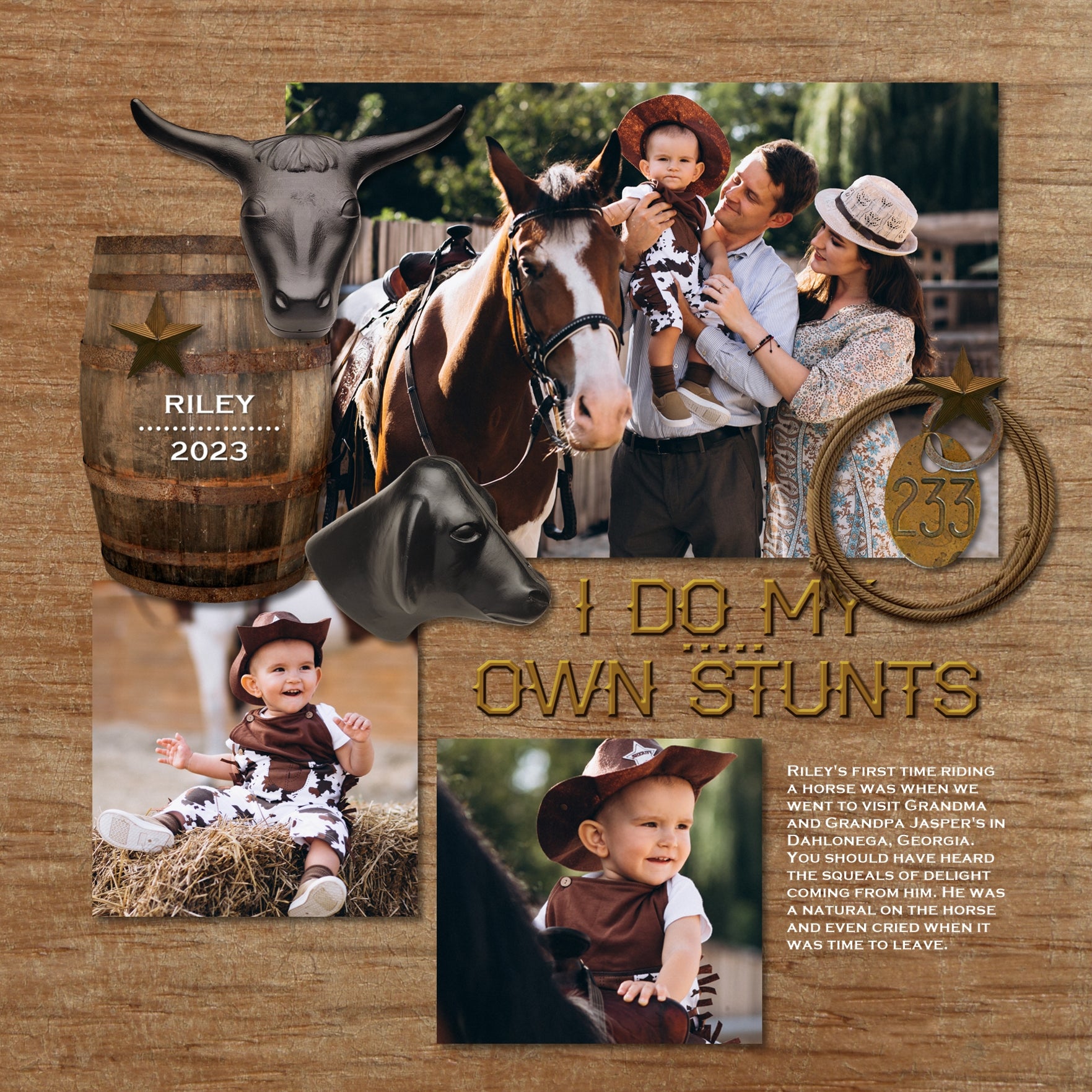 The Rodeo Cowboy Digital Scrapbook Kit by Lucky Girl Creative features an antique color palette of digital art embellishments such as white-washed elements, rustic wood tones, metal pieces and natural leather textures perfect for documenting your Western-themed projects. Included are many western and rodeo elements such as ropes, saddle, wanted poster, stars, gloves, bullets, belts, buckles, barrels, roping practice, and lots of fun word art.